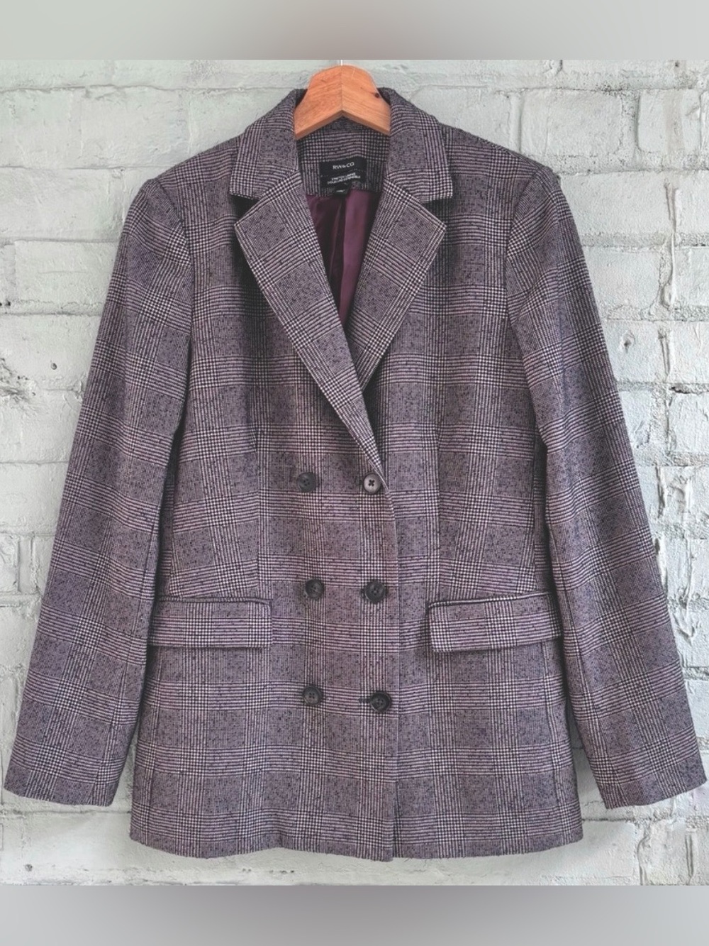 Houndstooth Plaid Double Breasted Blazer in Navy and Burgundy